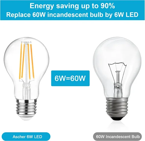 Miniatura 3 de Ascher - Bombillas de filamento LED E26, equivalentes a 60 W, luz blanca cálida de 2700 K, no regulables, vidrio transparente clásico, bombillas LED