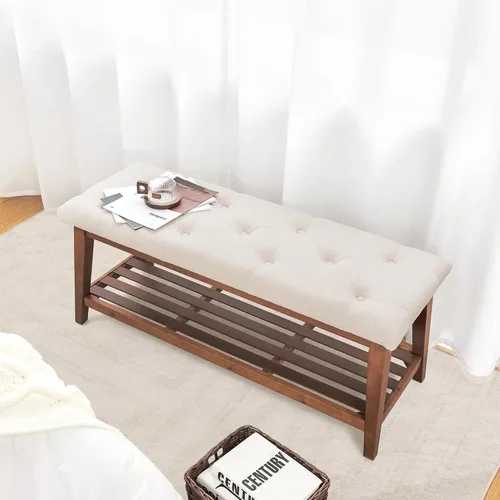 Miniatura 6 de kinmars Banco Tapizado para Dormitorio al Pie de la Cama, Banco de Entrada de 42.5 Pulgadas para Sala de Estar, Banco de Comedor con Asiento Beige