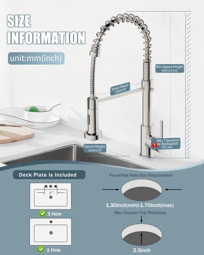Miniatura 6 de Grifo de cocina, grifos de fregadero de cocina comercial con rociador extraíble, grifos de acero inoxidable para fregaderos de cocina, cabezal