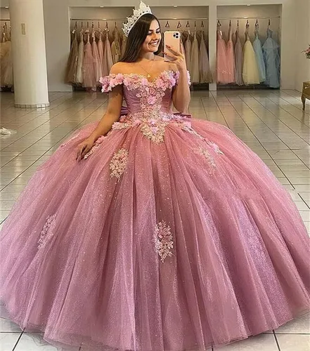 Miniatura 5 de Youjiayi Vestidos de quinceañera florales 3D con lazo fuera del hombro con cuentas dulces 16 vestidos de encaje hinchado apliques vestido de bola