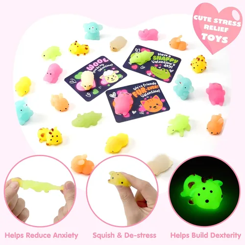Miniatura 5 de JOYIN 36 paquetes de tarjetas de regalo para el día de San Valentín con juguetes esponjosos Mochi que brillan en la oscuridad, 9 diseños de juguetes