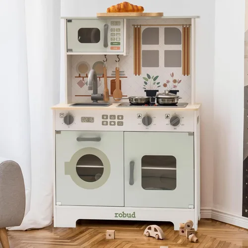 ROBUD Cocina de Juguete para Niños, Juego de Cocina de Madera para Niños con Luces y Sonidos, Ollas, Utensilios de Cocina, Regalo de Cocina de Verde