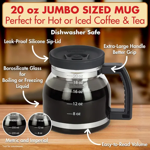 Miniatura 2 de Taza de café Cupa Joe – Taza de comedor de vidrio borosilicato de 20 onzas con tapa a prueba de derrames – Divertido regalo novedoso