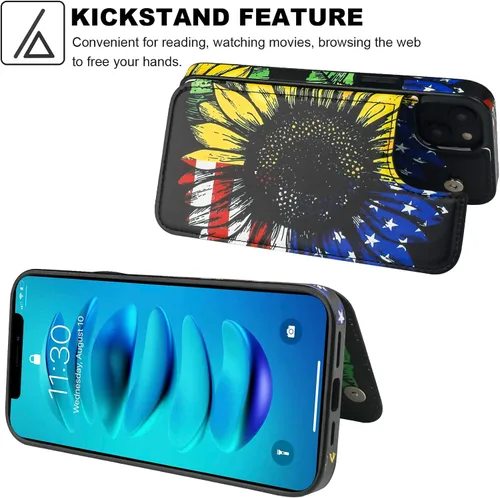 Miniatura 5 de HAOPINSH Funda tipo cartera para iPhone 14 con portarjetas, diseño de girasoles de bandera americana, tapa trasera abatible, folio, piel sintética