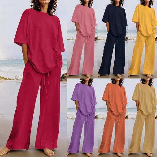 Miniatura 14 de Conjuntos de verano de 2 piezas para mujer, conjuntos elegantes y casuales de color liso, para verano, otoño, cuello redondo, tops y pantalones