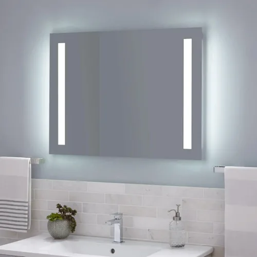 Signature Hardware 442982 Curie Espejo de baño rectangular con luz LED sin marco de 32 pulgadas de ancho x 24 pulgadas de alto, sensor de movimiento