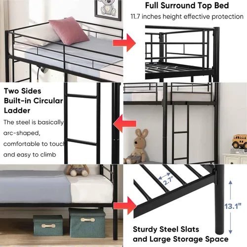 Miniatura 3 de Litera de metal con 2 escaleras y barandilla de seguridad, literas convertibles resistentes, base de cama individual sobre individual con espacio