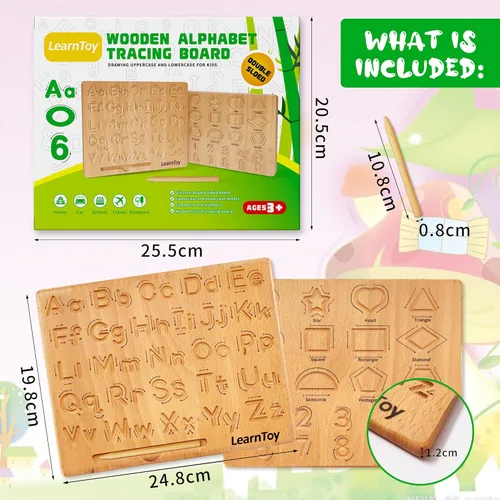 Miniatura 6 de LearnToy Montessori - Tabla de trazado del alfabeto de madera, juguete educativo para niños, desarrollo de habilidades motoras finas, práctica