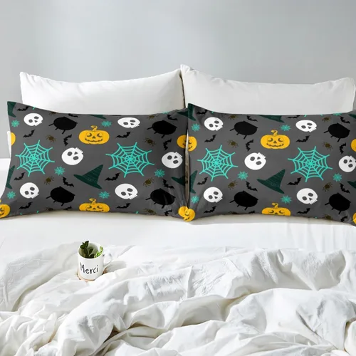 Miniatura 4 de Erosebridal Juego de sábanas de telarañas para decoración de Halloween, juego de sábanas de murciélagos negros, luces de calabaza planas, Multi 15