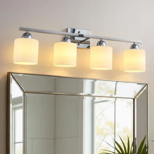 Miniatura 16 de Mecgirn Luces de tocador de vidrio de leche de acero inoxidable para baño, 2 lámparas de baño doradas claras sobre espejo, enchufes E26 de cerámica