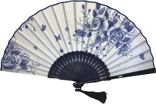 Ink Art - Ventilador plegable de mano con una caja hecha a mano, bolsa de tela para mujeres y niñas, color blanco y negro con retoque plateado,