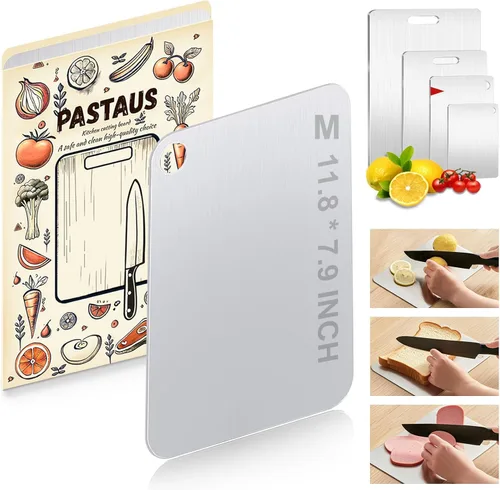 Miniatura 10 de Tabla de cortar de acero inoxidable, tablas de cortar de acero de doble cara para cocina, carne, verduras y frutas, apta para lavavajillas, fácil