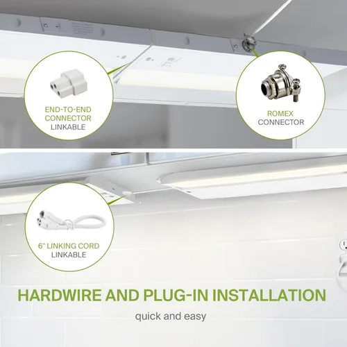 Miniatura 7 de ASD Iluminación LED giratoria para debajo del gabinete, 24 pulgadas 12W, con cables o enchufe, 2700K/3000K/4000K, interruptor de alto/bajo, lente