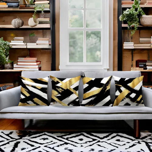 Miniatura 3 de Juego de 4 fundas de almohada negras y doradas, fundas de almohada de 18 x 18 pulgadas, almohadas geométricas abstractas a rayas para decoración