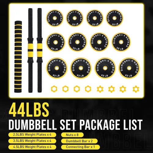 Miniatura 2 de Juego de pesas ajustables 2 en 1 de 44/33 libras, pesas ajustables utilizadas como juego de mancuernas y pesas, amarillo 44 libras - redondo