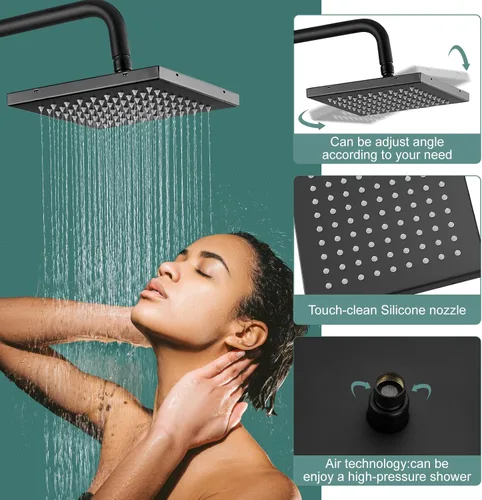 Miniatura 8 de Heyalan Sistema de ducha expuesto negro mate, juego de 2 ducha funcional de baño de 8 pulgadas, cabezal de ducha cuadrado de lluvia con rociador