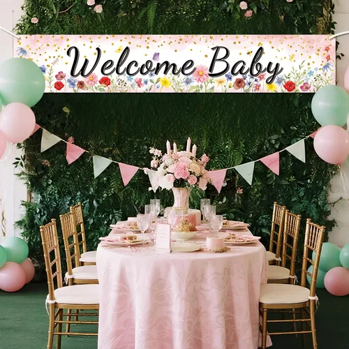 Miniatura 4 de Cartel de bienvenida de primavera para bebé, decoraciones de género neutro para baby shower, diseño de acuarela floral rosa coral, grande de 70.8 x
