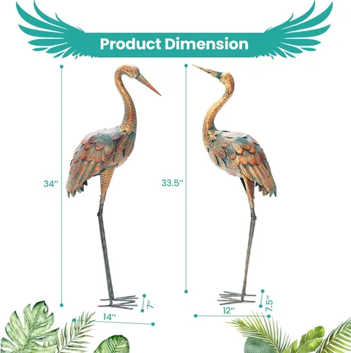 Miniatura 7 de Giantex Juego de 2 estatuas de jardín de grúa, esculturas de grúa de metal de pie, decoración de pájaro para césped, patio trasero, porche, patio