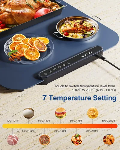 Miniatura 2 de Tapete de calentamiento para alimentos, bandeja de calentamiento eléctrica grande de 27.5 x 15.7 pulgadas, 7 niveles de temperatura, calor continuo