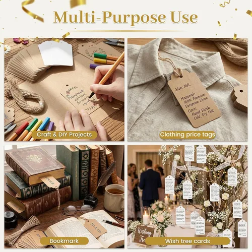 Miniatura 2 de SallyFashion 200 etiquetas de regalo con cuerda adjunta, etiquetas colgantes de papel kraft de 2 x 4 pulgadas para ropa, manualidades, boda, Mixto