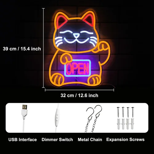 Miniatura 3 de Letrero de neón de gato de la suerte, letreros LED abiertos para decoración de habitación japonesa, luz de neón de gato de la fortuna regulable