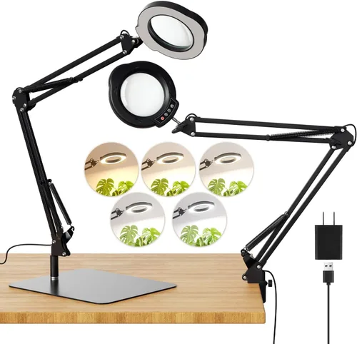 Miniatura 11 de 15X Magnifying Glass with Light and Clamp, 84 LED Hands-Free Lighted Magnifying Glass with Clamp, 3-Section Arm 5 Color Modes Dimming LED Desk