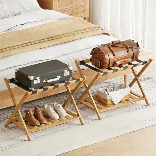 Miniatura 12 de BAMBOOHOMIE Portaequipajes completamente montado de 26.77 pulgadas de largo para habitación de invitados, juego de 2 soportes plegables para maletas