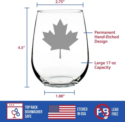 Miniatura 4 de Bevvee Copa de vino sin tallo de hoja de arce de Canadá, regalos y decoración de la bandera canadiense para mujeres y hombres, vasos grandes de 17