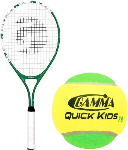 Gamma Quick Kids - Juego o kit de raqueta de tenis junior de 25 pulgadas con un cubo de 48 pelotas de transición de fieltro verde brillante/verde