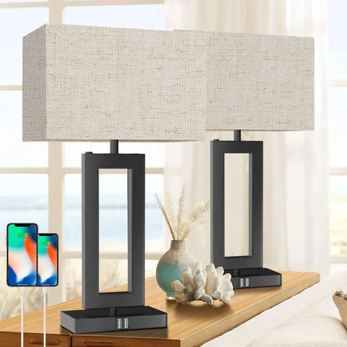 Miniatura 10 de Juego de 2 lámparas modernas para mesita de noche, con control táctil, USB C y A, regulables de 3 vías para dormitorios y sala de estar, gris y negro