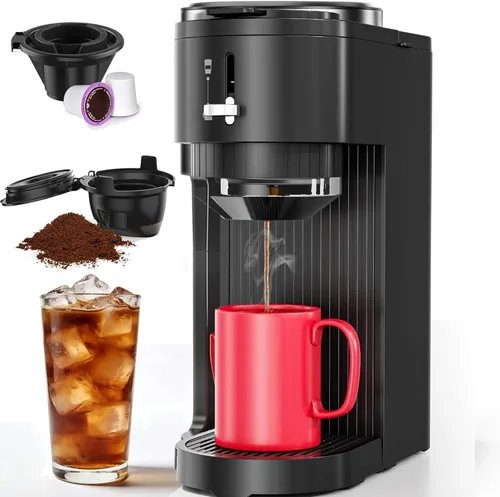 COWSAR Cafetera de una sola porción, cafetera 2 en 1 para cápsulas K-CUP y café molido, tamaños de preparación ajustables de 6 a 14 onzas, depósito