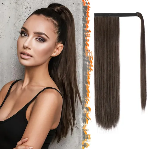 Miniatura 86 de BARSDAR Extensión de cola de caballo de 28 pulgadas largo recto envoltura alrededor del clip en pelo de fibra sintética para mujeres, negro