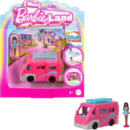 Barbie Mini Conjuntos de Juego de BarbieLand con Vehículo de Juguete y Muñeca de 1.5 pulgadas, DreamCamper con Puertas Funcionales y Piscina que