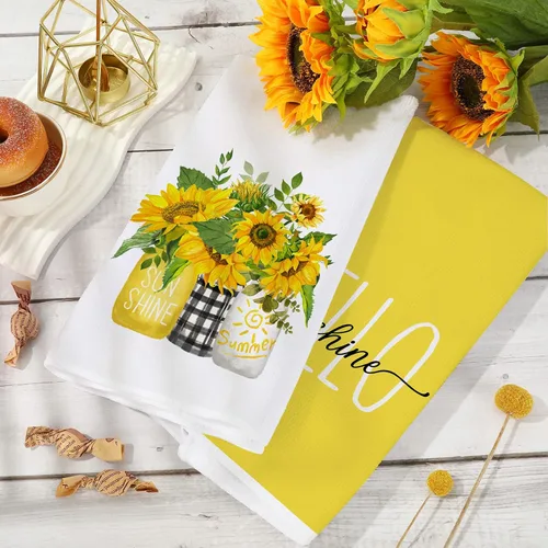 Miniatura 4 de AnyDesign Toalla de cocina de girasol de 18 x 28 pulgadas, paños de cocina Hello Sunshine, toalla de cocina decorativa de verano con flores