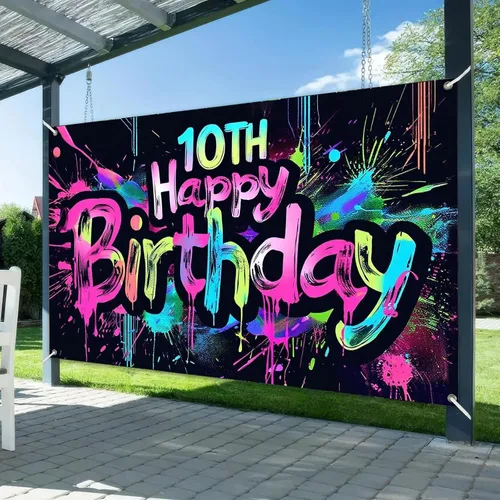 Miniatura 2 de HOMETITUTE Pancarta de Neón de Feliz 10mo Cumpleaños 71 x 43 pulgadas, Salpicadura de Pintura que Brilla en la Oscuridad, Telón de Fondo