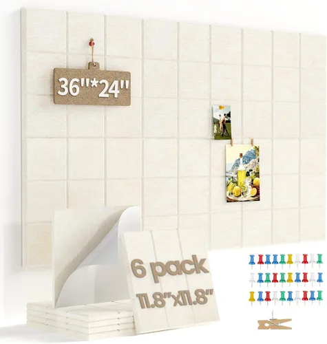 Miniatura 18 de Pizarra de corcho grande para paredes con 30 pasadores, 11.8 x 11.8 pulgadas, paquete de 6 tablones de anuncios para oficina en casa, cocina, tablón