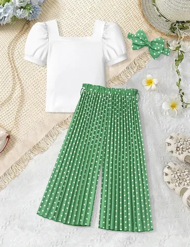 Miniatura 58 de DONWEN Conjunto de 3 piezas de ropa para niñas pequeñas y niñas con cuello cuadrado + pantalones elegantes + diadema para primavera y verano