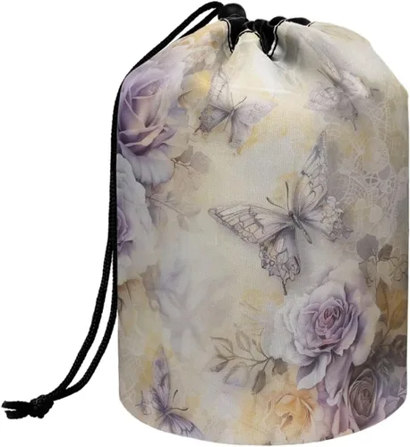 Miniatura 46 de Poceacles Bolsa de maquillaje con cordón, estuche portátil para cosméticos, bolsa de aseo de viaje, organizador de barril, bolsa de almacenamiento