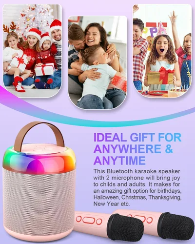 Miniatura 6 de Mini máquina de karaoke para fiestas de juguete para niños, altavoz portátil de juguete de karaoke LED con 2 micrófonos inalámbricos para niñas
