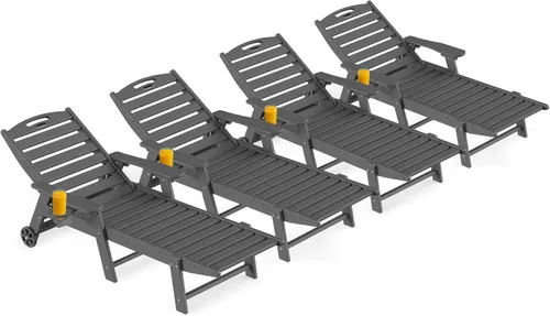 Miniatura 32 de Ciokea Silla de Descanso para Exteriores, Tumbona de Gran Tamaño con 5 Posiciones, HDPE, Silla de Descanso de Patio con Ruedas y Portavasos para Gris