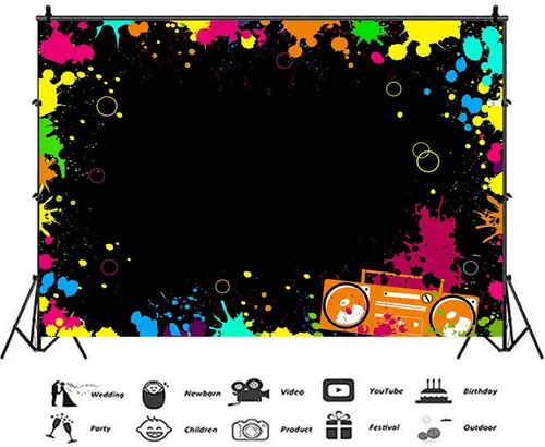 Miniatura 4 de Fondos de fotografía de neón brillantes para fiestas Let's Glow Splatter Fondo fotográfico de 5 x 3 pies, luz negra, colorido, rayo láser, disco