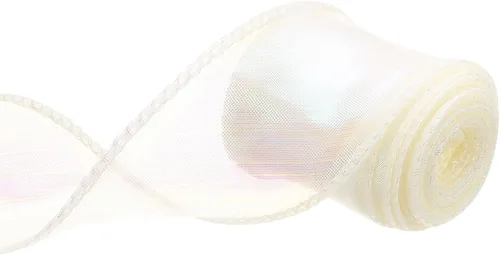 MECCANIXITY - Cinta de organza con cable de 1 1/2" de ancho, brillante, transparente, con brillo irisado en tonos pastel, cinta de gasa para Beige