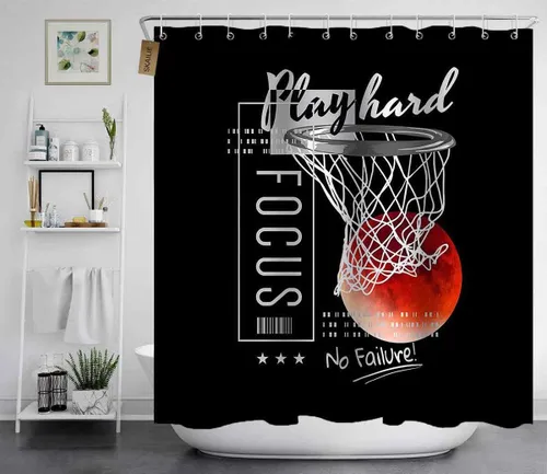 Miniatura 3 de Juego de 4 cortinas de ducha de baloncesto, citas inspiradoras positivas, decoración de baño deportivo, cortina de ducha negra de tela impermeable