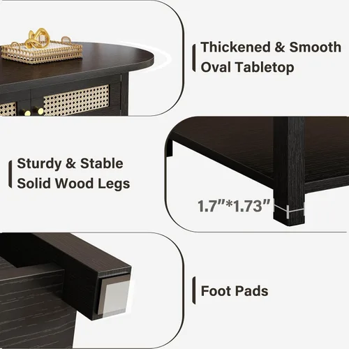 Miniatura 6 de LVB Mesa de centro de ratán, mesa de sala de estar de madera bohemia con almacenamiento, mesa de té de cóctel ovalada moderna de 2 niveles con Roble