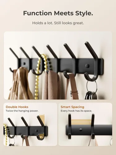 Miniatura 4 de GWAAZXGZ Perchero para colgar en la pared, 15 pulgadas, de metal negro mate, organizador de 6 ganchos para montar en la pared, moderno