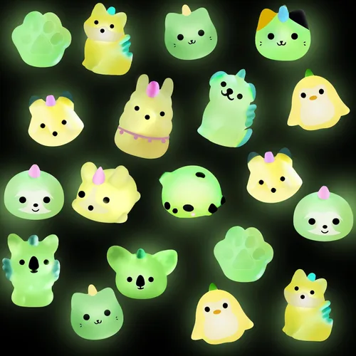 Outee 20 piezas de juguetes Mochi Kawaii animales con caja de regalo que brillan en la oscuridad, lindo juguete para aliviar el estrés, recuerdos de