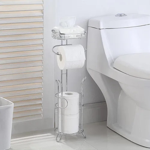 Miniatura 2 de Portarrollos de papel higiénico SunnyPoint para baño, soporte pesado con reserva y estante, el área de reserva tiene suficiente espacio para cromado