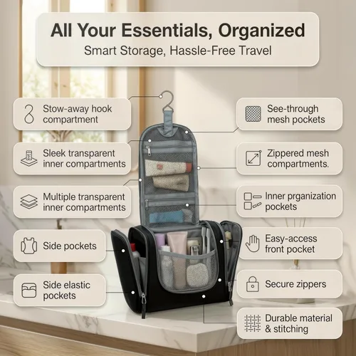 Miniatura 2 de Bolsa de Aseo de Viaje Bago Bolsa de Aseo Impermeable Colgante Bolsa de Aseo Grande para Baño y Viaje Organizador de Bolsa de Artículos de Tocador