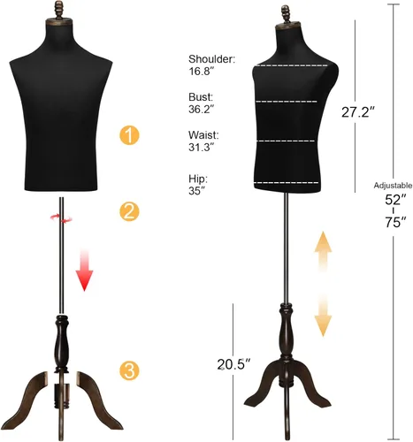 Miniatura 2 de Bonnlo Forma de Vestido Masculino, Maniquí Masculino con Soporte de Trípode de Madera, Torso de Altura Ajustable para y Exhibición y Costura (Seda)