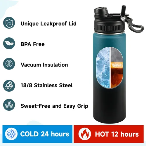 Miniatura 5 de Botella de agua aislada de 22 onzas, tapa 2 en 1 a prueba de fugas (sorbo/pajilla) + asa, botella de acero inoxidable para deportes, viajes, trabajo